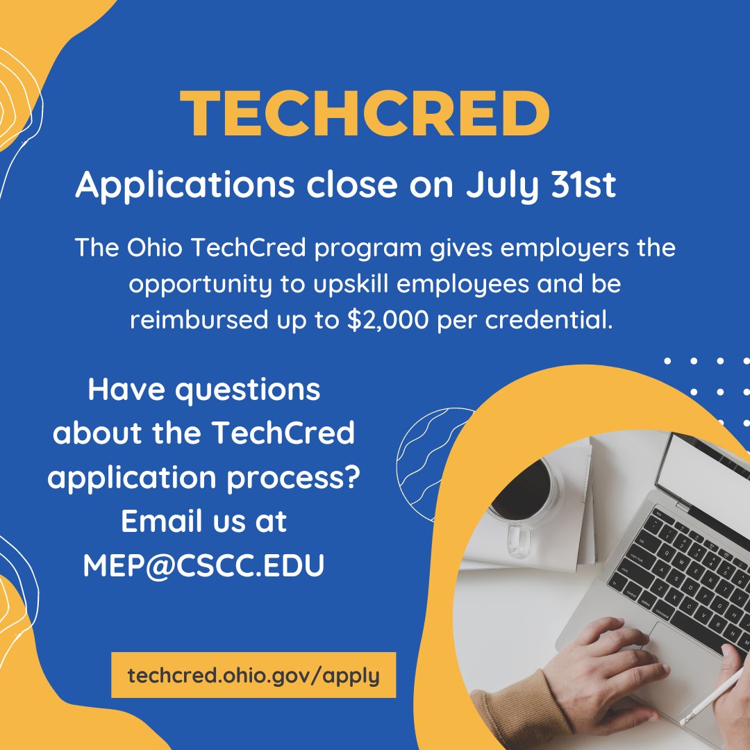 MEPatCSCC's tweet photo. How do I know if my business qualifies for the Ohio TechCred program? Any Ohio registered employer that employs Ohio resident W-2 employees is eligible to apply. 

The July TechCred application period is almost up. Contact us today to get your application submitted.
#OhioMEP https://t.co/eZyNh6sHRN