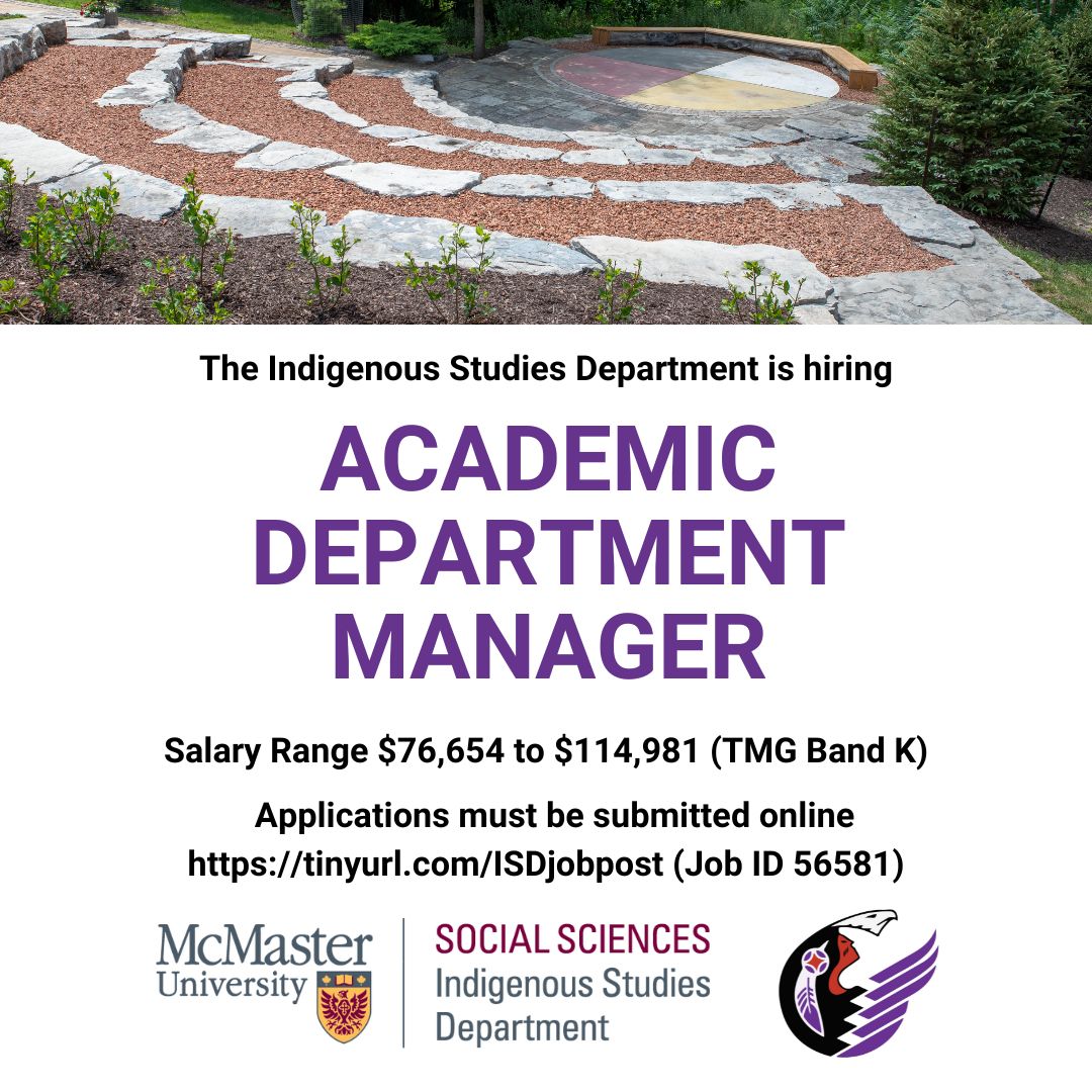 We're hiring! The Indigenous Studies Department is looking for an Academic Department Manager.
This position is limited to Indigenous applicants. Full job posting available at tinyurl.com/ISDjobpost (Job ID 56581). Applications must be submitted online.