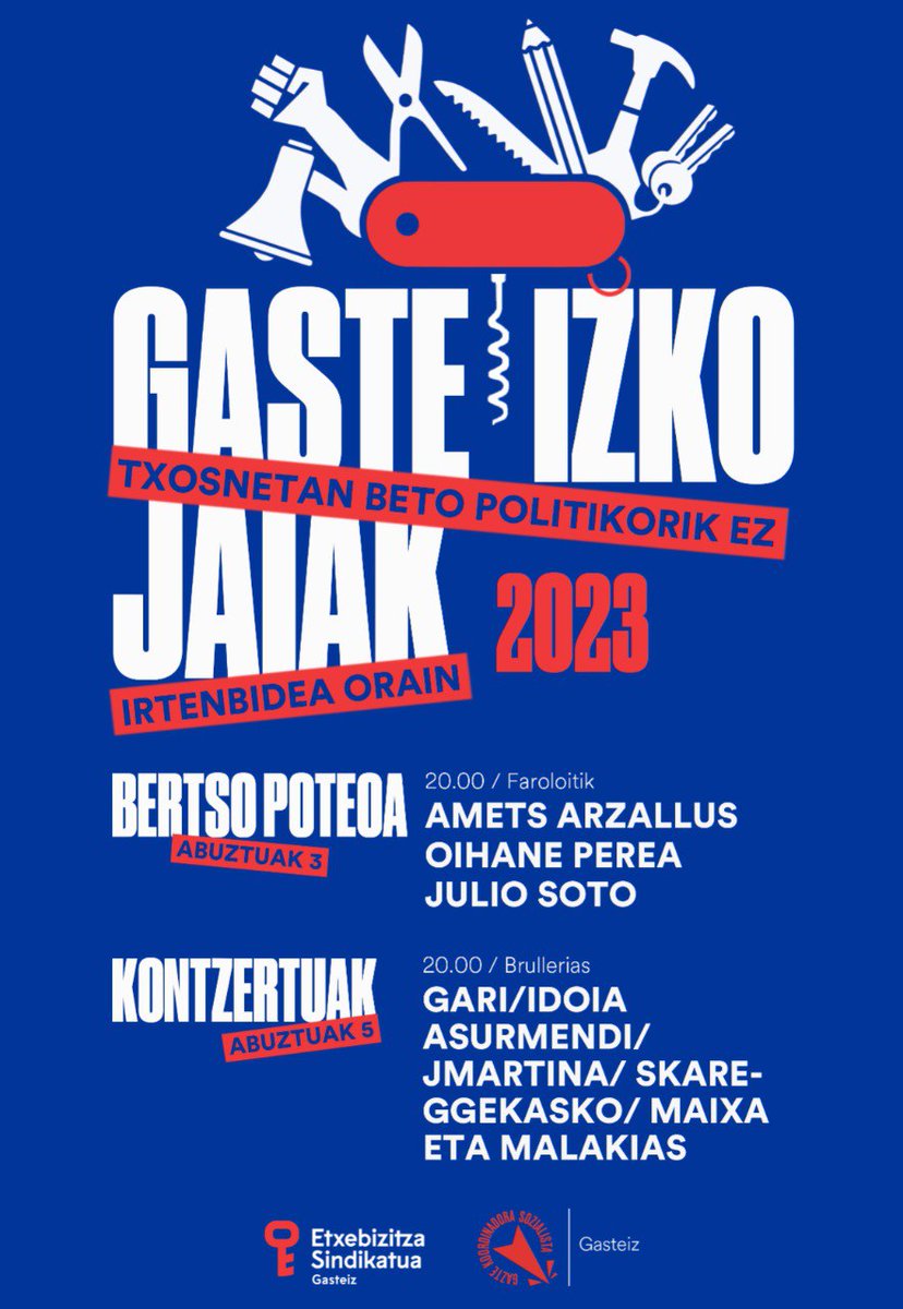 GKS_Gasteiz's tweet photo. GASTEIZKO JAIAK|
Hemen jaietarako antolatu dugun egitaraua: 
⏩Abuztuak 3 eta 5
Gasteizko txosnetan beto politikorik ez, irtenbidea orain! https://t.co/uVi0f0zbB5
