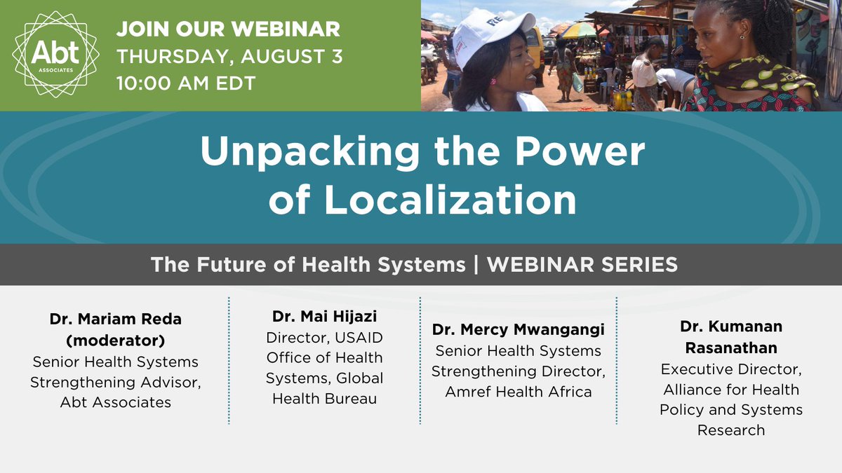 #Localization is central to the future of health systems strengthening.

Join a panel of health leaders at <a href="/USAIDGH/">USAID Global Health</a>, <a href="/DrMercyHealth/">Dr. Mercy Mwangangi</a> <a href="/Amref_Worldwide/">Amref Health Africa</a>, <a href="/SojiAdeyi/">Dr. Soji Adeyi</a> at Resilient Health Systems &amp; moderated by our very own <a href="/mariamreda84/">Dr. Mariam Reda</a> on August 3: abt.associates/43AbNJ6