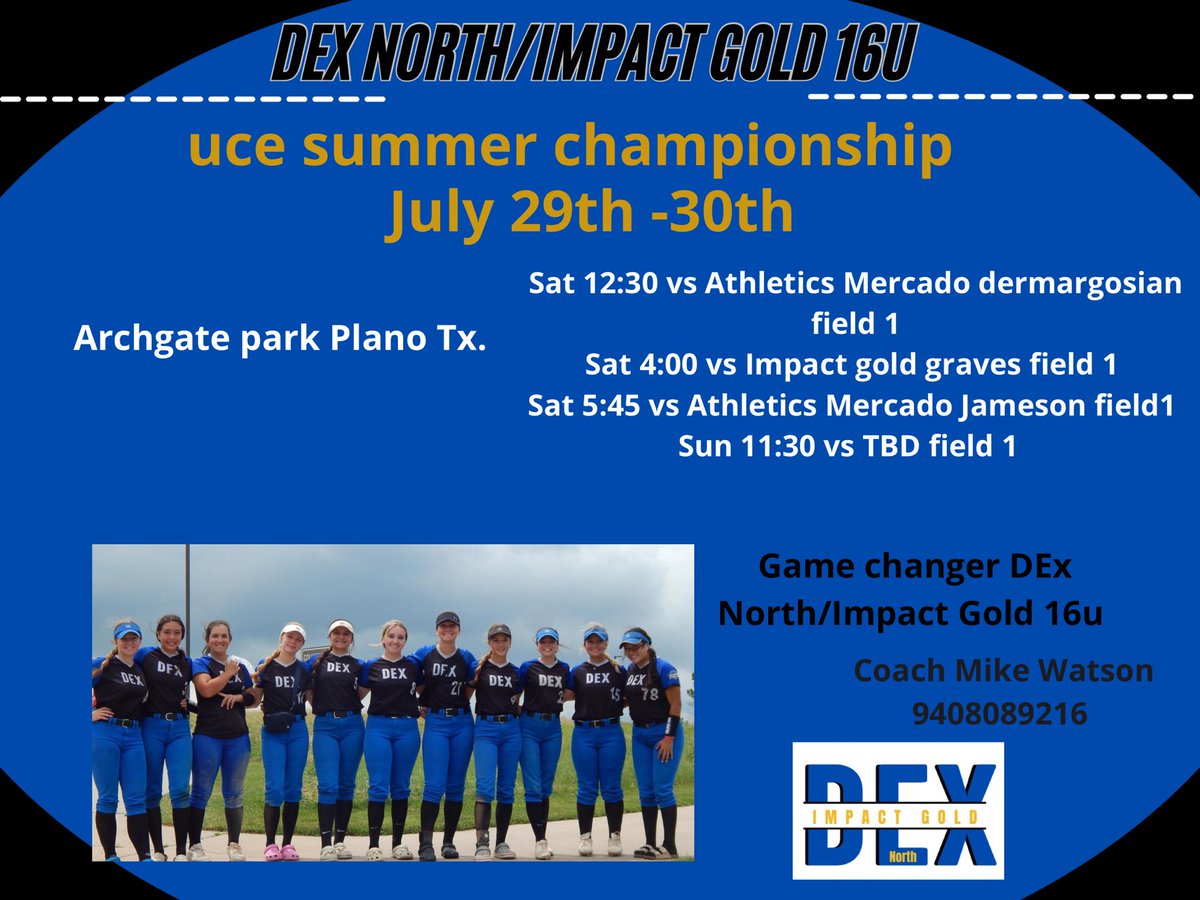 Last tournament of the season! Going to be a hot one but ready to get back on the field! Come by and check out this great group of young ladies!
