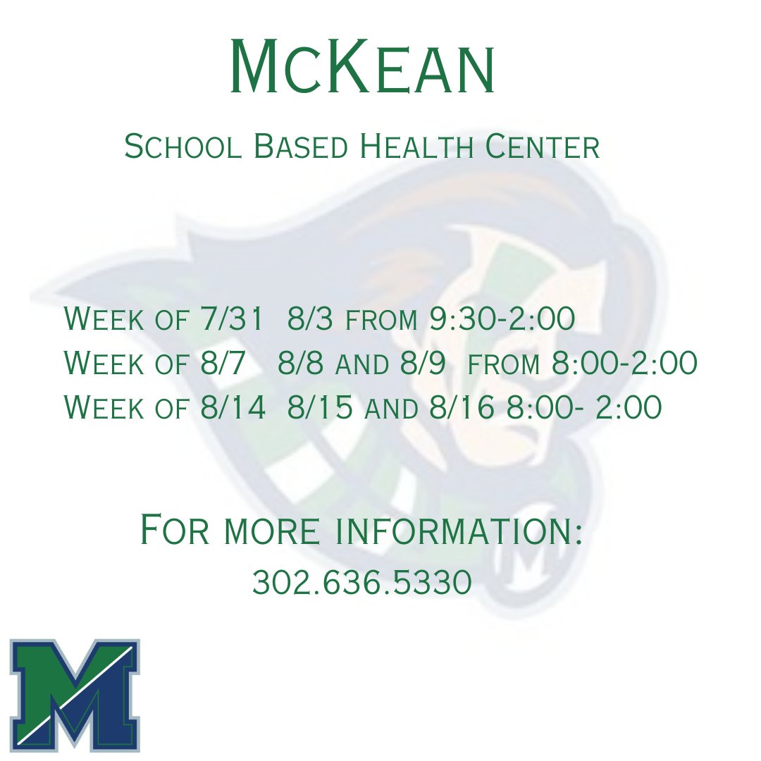 Our school-based health center is open! For those of you needing an updated DIAA Physical, be sure to make an appointment on one of the upcoming days. If you have any questions about the Wellness Center and what they offer for services you can call 302.636.5330. We A.R.E McKean!