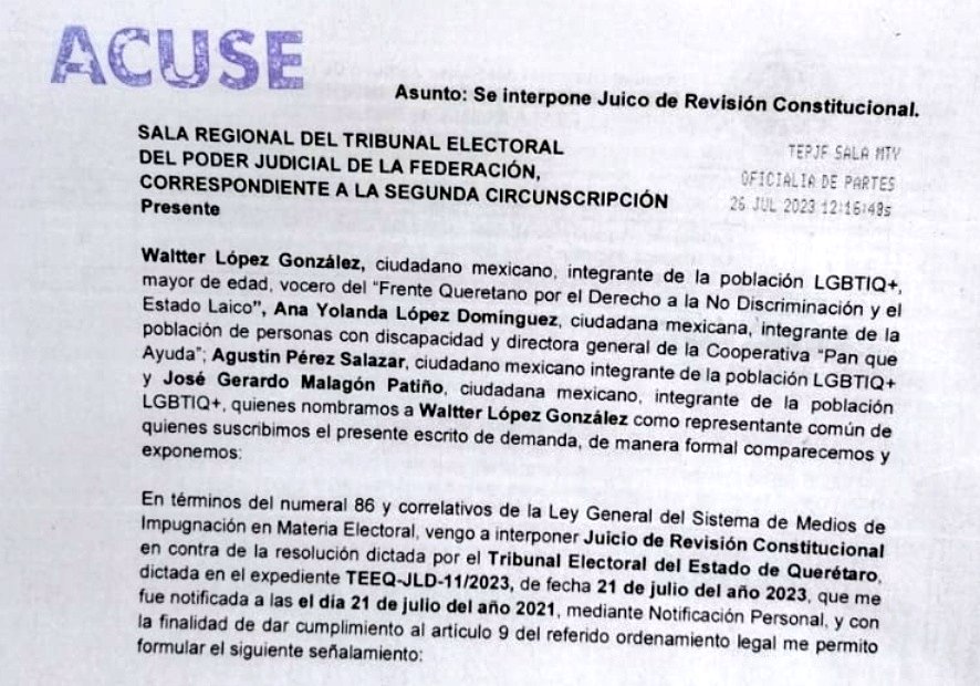 FrenteQueretano's tweet photo. #AccionesAfirmativas
Pues hoy 26 de julio 2023 se ingresó a la oficialía de partes del @TEPJF_MTY el recurso de Juicio de Revisión Constitucional de la Reforma Electoral recién aprobada por la LX @Legislatura_Qro 

Gracias @oscaralanisvmx por llevarlo personalmente 🙏🙏🙏 https://t.co/a0Gg8ksSJX