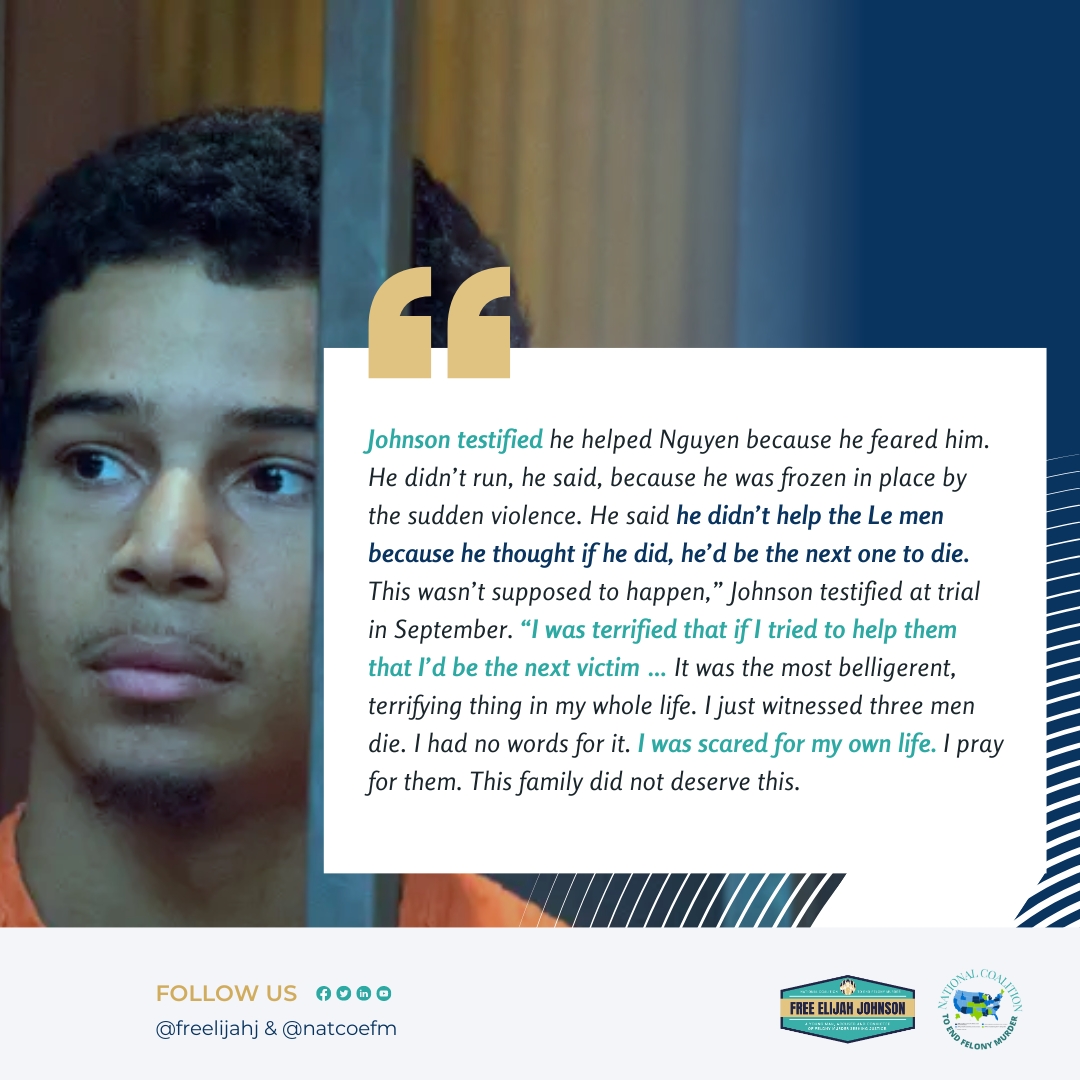 Charging someone with a murder they didn't commit is unjust. Together, let's work towards reforming the legal system and advocating for fair and proportional laws.

#FreeForElijahJohnson #WrongfulConviction #EndFelonyMurderLaws