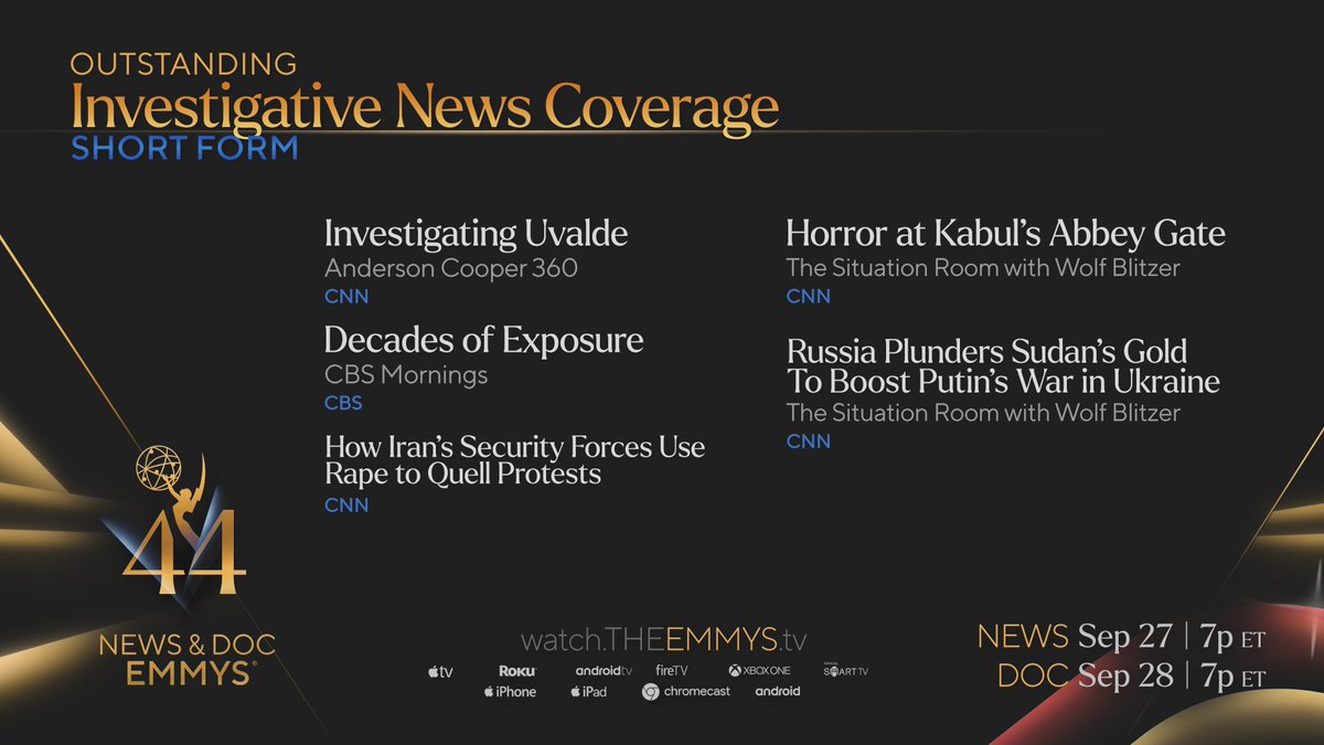 The #NewsEmmys nominees in Outstanding Investigative News Coverage – Short Form are @CNN @AC360, @CBSMornings, @CNN, @CNNSitRoom @WolfBlitzer