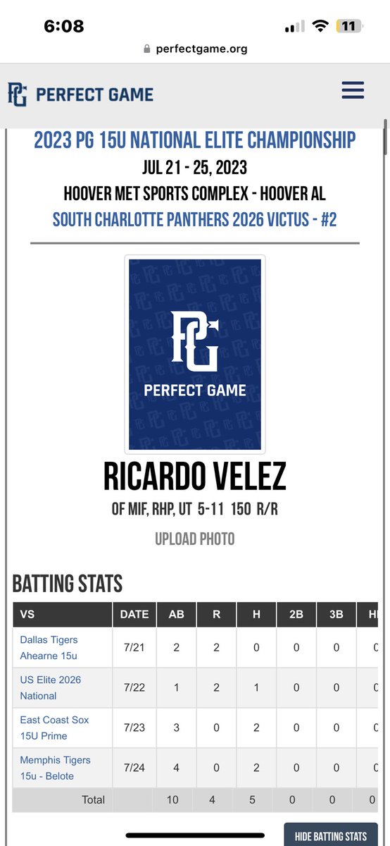 ricky_v54's tweet photo. Finished off the season in Alabama playing in the PG NATIONAL ELITE CHAMPIONSHIP. Thanks to @PanthersProgram for the great summer. Batted .500 in this tournament and finished the summer batting .442 in perfect game events. @Trev0r8 @BUncommitted @CoastRecruits @SportsForceBB https://t.co/8DKtidJkZ8