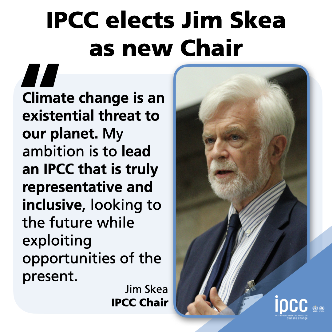 IPCC_CH's tweet photo. #IPCC elects Jim Skea as the new Chair

@JimSkeaIPCC of the United Kingdom is the newly elected Chair of the Intergovernmental Panel on #ClimateChange.

Jim has nearly 40 years of climate science experience &amp; expertise to lead the IPCC’s seventh cycle.

➡️ https://t.co/JgWufINeg3 https://t.co/UaiOKCDiAf