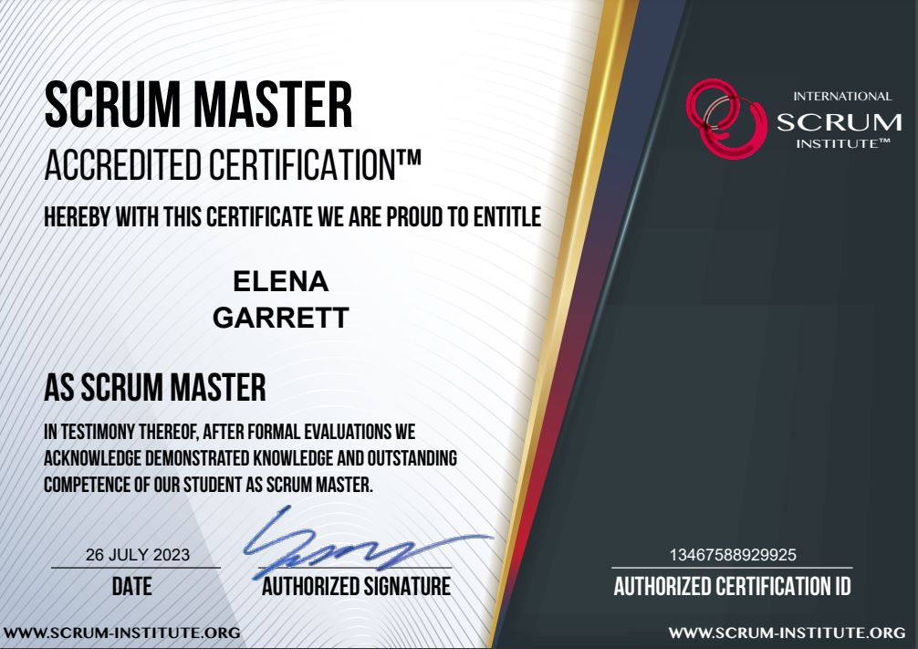 ElenaGarrettDFW's tweet image. 🎉 Excited to announce that I am now a certified Scrum Master! 🎉
I recently discovered that I loved #Agile project management. LOL
I want to thank @Scrum_Institute for providing affordable training.
#ScrumMaster #AgileCertification #Scrum #AgileProjectManagement