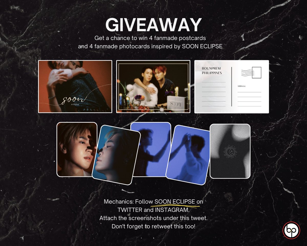 BounPremPH_OFC's tweet image. 🌗 GIVEAWAY 🌗

1. Follow @SoonEclipse on Twitter and IG (@/soon.eclipse)
2. Reply the screenshots under this tweet
3. Don't forget to retweet this

Shipping shall be shouldered by the winners via SCO 🇵🇭 

#sooneclipse #bounpremxsooneclipse #บุ๋นเปรม #bb0un #prem_space