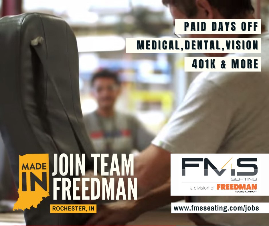 FreedmanSeating's tweet image. We're hiring in Rochester, Indiana! fmsseating.com/jobs

#manufacturing #creatorswanted #madeinindiana