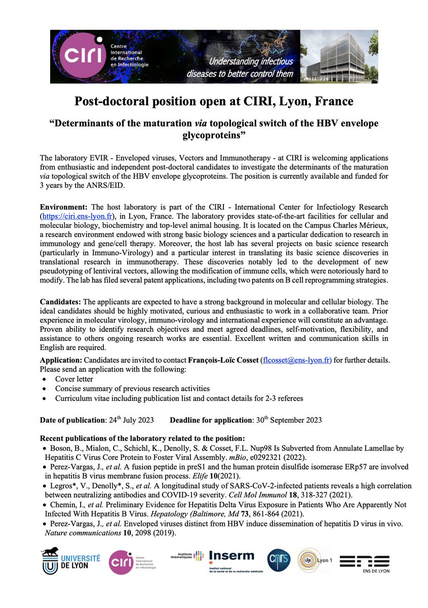 📢 We are recruiting 2 post-docs to work on reprogrammed #Bcells or on #HBV glycoproteins' maturation! Do not hesitate to contact us for more information or to RT 🙏