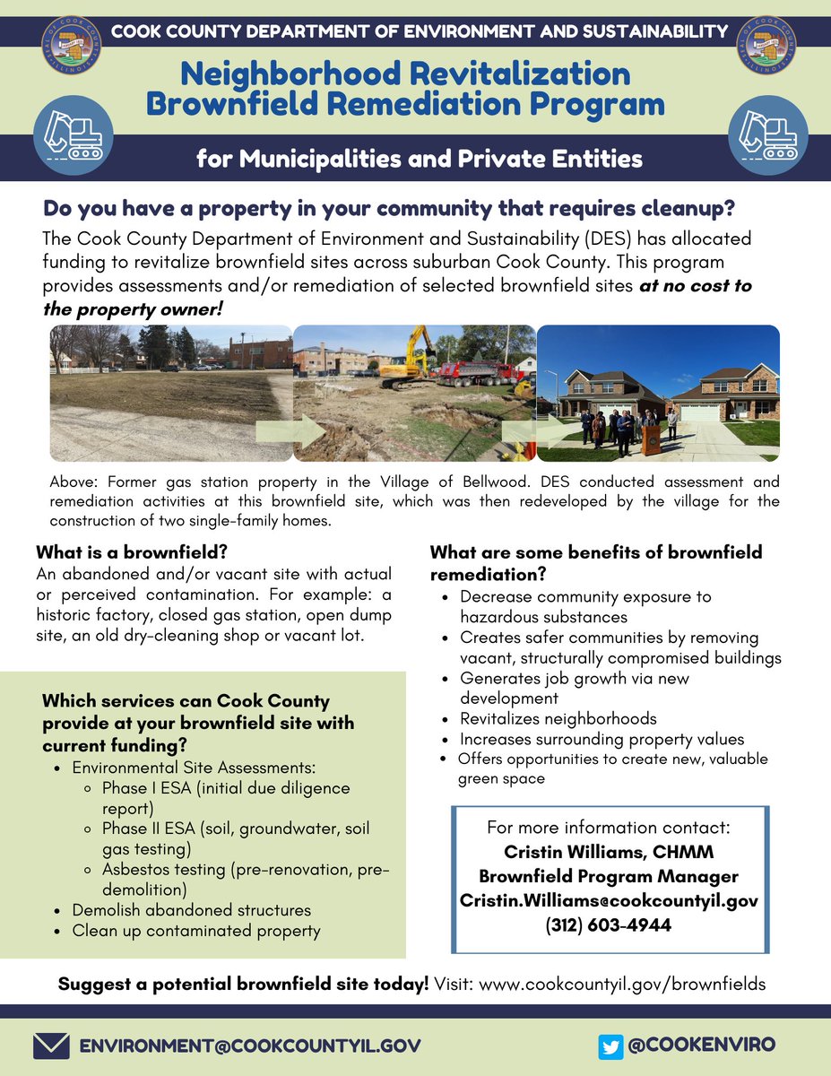 Check out our Brownfield Redevelopment Program and nominate a potential Suburban Cook County site today!

Potential brownfields sites can include abandoned or underused properties. #CookCountyClimate 

Program details: cookcountyil.gov/brownfields