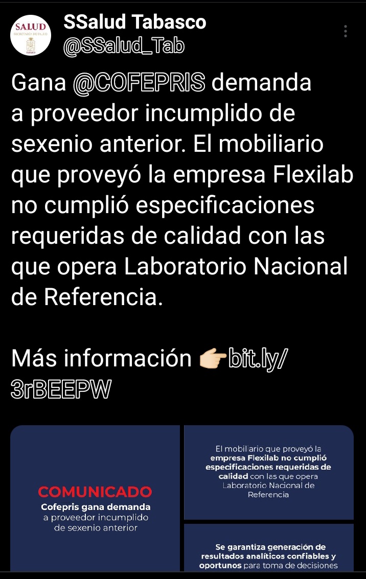 AriasVascon's tweet photo. #Entérate 

Da a conocer la @SSalud_Tab que la @COFEPRIS ganó una demanda a proveedor incumplido de sexenio anterior. El mobiliario que proveyó la empresa #Flexilab no cumplió especificaciones requeridas de calidad con las que opera Laboratorio Nacional de Referencia. https://t.co/CfiXtXiJt1