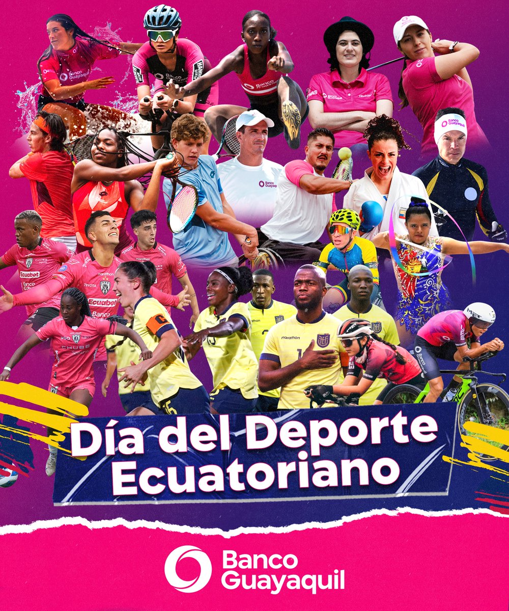 BancoGuayaquil's tweet photo. Hoy celebramos el Día del Deporte Ecuatoriano🇪🇨, y agradecemos🙌 a todos los miembros de nuestra familia de deportistas por permitirnos ser parte de su camino de esfuerzo💪por alcanzar sus sueños.👏 ¡Estamos con ustedes! #PrimeroEcuador🇪🇨 https://t.co/klVoUXN9EL