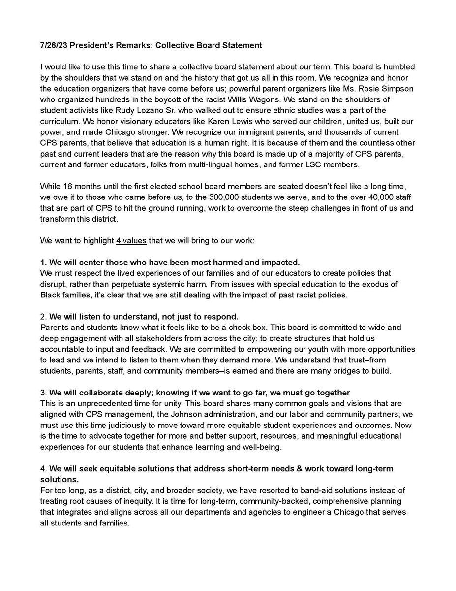 JiananShi's tweet photo. This Chicago Board of Education, for its first regular board meeting, wanted to use the President's remarks to share a collective statement about our values and initial priorities as we continue to engage the community. https://t.co/53hDissQdd