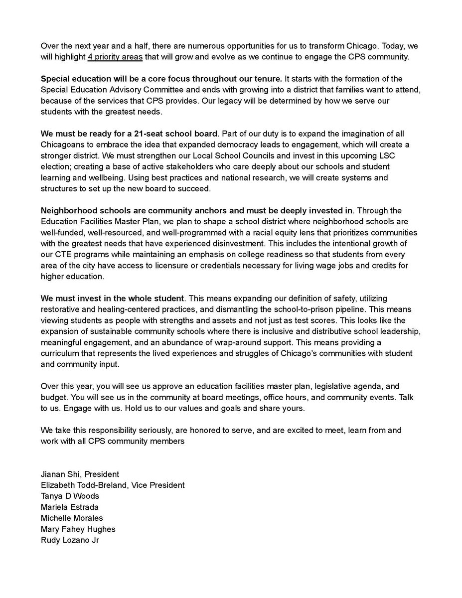 JiananShi's tweet photo. This Chicago Board of Education, for its first regular board meeting, wanted to use the President's remarks to share a collective statement about our values and initial priorities as we continue to engage the community. https://t.co/53hDissQdd