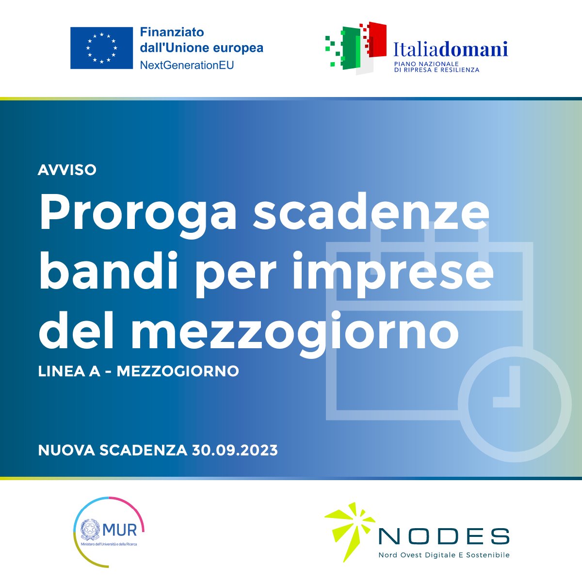 *Avviso* Prorogata la scadenza dei Bandi a cascata dell'ecosistema #NODES per le imprese del Mezzogiorno. C'è tempo fino alle ore 23.59 del 30.09.2023. Scopri di più 👉 lnkd.in/dUeeeEkc #NextGenerationEU #PNRR @mur_gov_ @Unioncamere_Pie, partner @EEN_Italia #innovazione