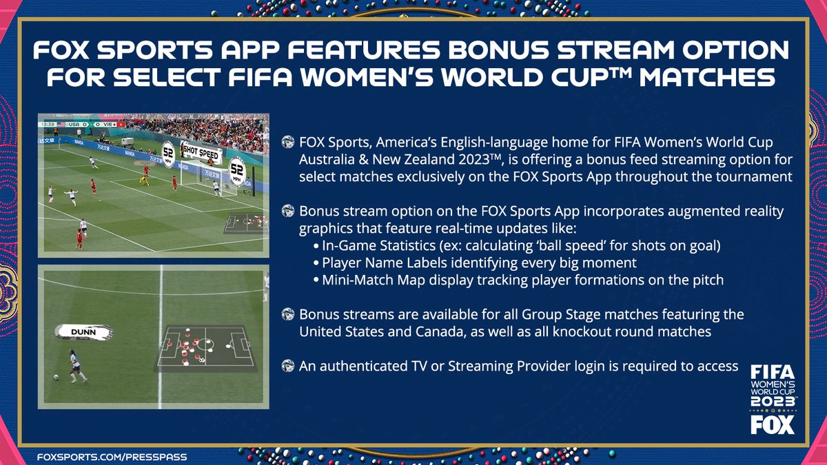 FOXSportsPR's tweet image. Throughout the #FIFAWWC, FOX Sports will feature innovative trackers and real-time stats via bonus stream option available exclusively on the FOX Sports App