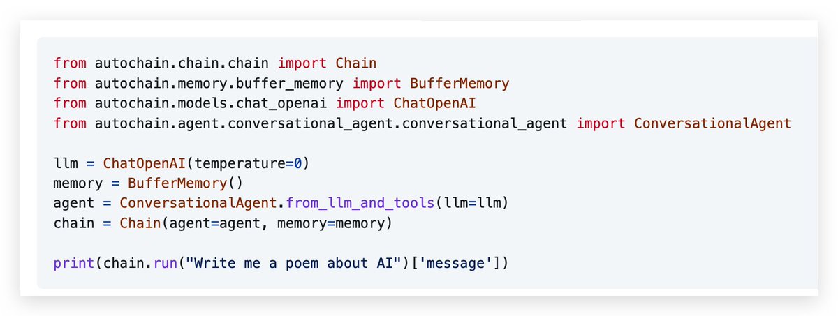 可以考虑用 AutoChain 替代 LangChain，相比后者，AutoChain 更为轻量，而且融合了 AutoGPT 的部分灵感，可以实现自动化操作过程，例如递归循环拆解任务然后执行任务。

项目地址：github.com/Forethought-Te…，它的理念是：Build lightweight, extensible, and testable LLM