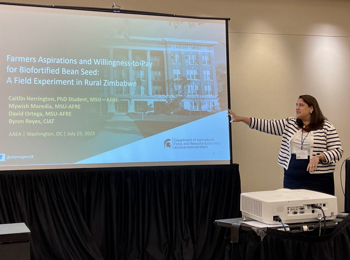 maredia's tweet photo. Proud of my ⁦@AfreGso⁩ students—⁦@MyatThidaWin1⁩ and ⁦@cherrington24⁩ for a wonderful job presenting their research and handling the Q&amp;A from fellow participants at the #AAEA2023. https://t.co/Rdda01Q5E4