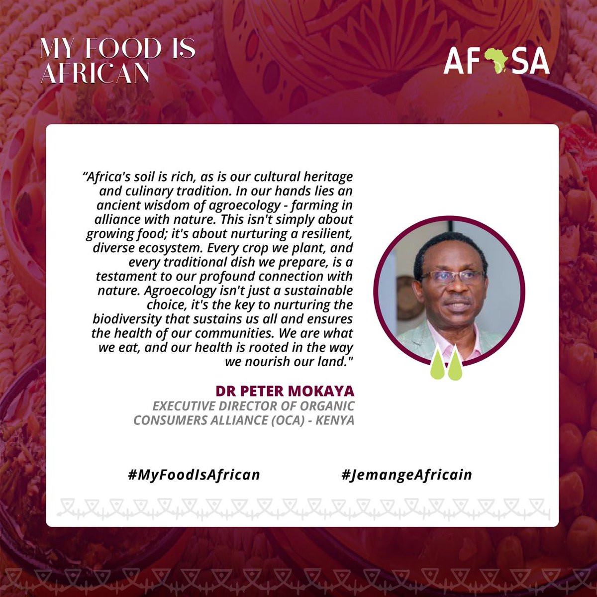 Afsafrica's tweet photo. "#Agroecology isn't just a sustainable choice, it's the key to nurturing the biodiversity that sustains us all and ensures the health of our communities. We are what we eat, and our health is rooted in the way we nourish our  land." - Dr. Peter Mokaya, Kenya. 

#MyFoodIsAfrican https://t.co/XLgkBgZ1S6