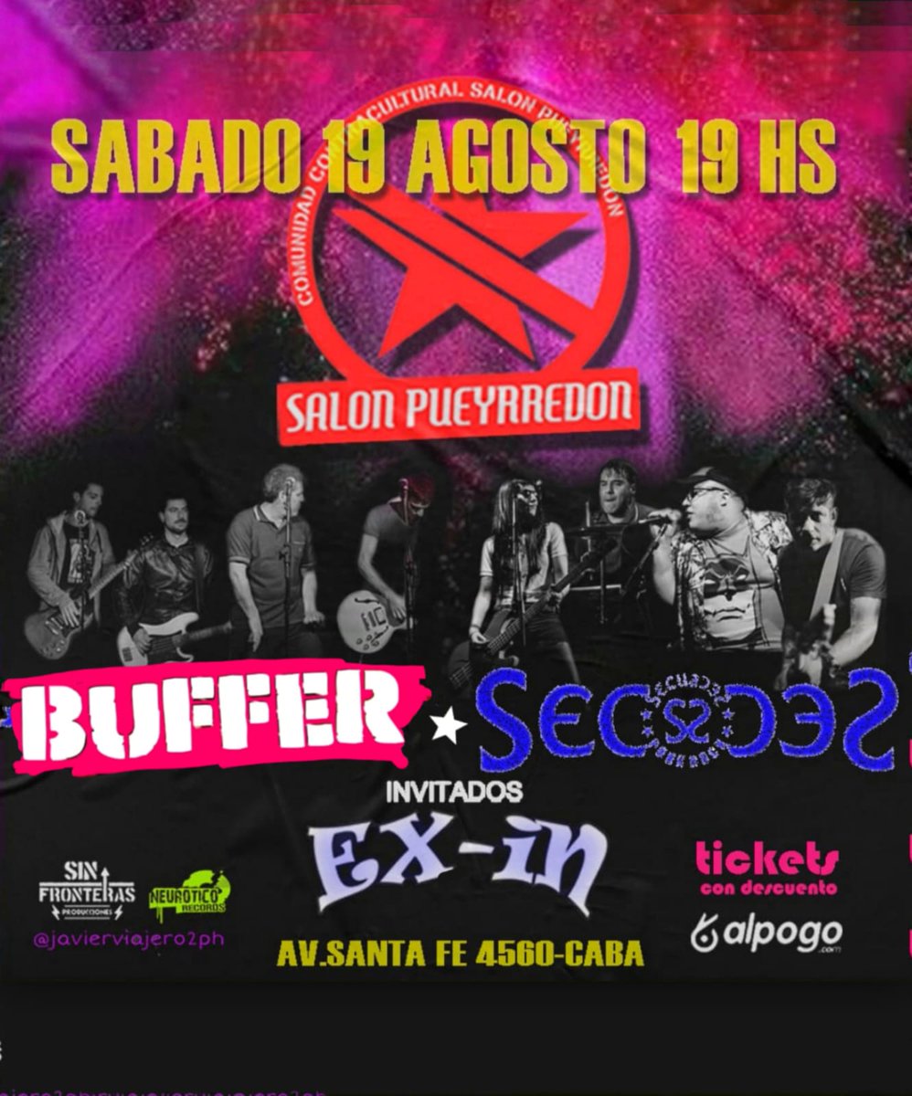 bufferpunk's tweet image. Atención amigas/os.
✅
El Sábado 19 de agosto explota el @salonpueyrredon 
BUFFER y @secuaces_oficial en vivo! Amigos inv: @exinmusica
✅ En la BIO las anticipadas! alpogo.com/evento/buffer-…
Salon Pueyrredon Av. Santa fe  4560 a las 19 hs.