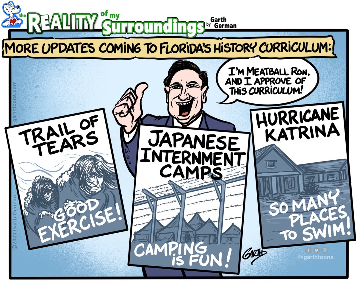 More updates to Florida’s history curriculum. 

Follow for more cartoons!

#DeSantisIsADangerToTheUSA #DeSantisDestroysFlorida #Florida #History #school #curriculum #politics #politicalcartoon #webcomic #webcomics