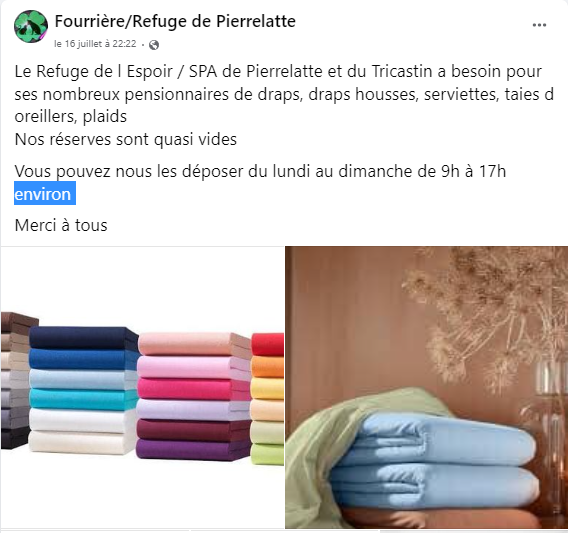 DelavegaPepita's tweet photo. MERCI A CEUX QUI SONT DU COIN ET QUI ONT DU RAB DE DRAPS, SERVIETTES, TAIES etc ... de penser au
REFUGE DE PIERRELATTE
D459, Pierrelatte, France, 26700
❤️❤️🙏🙏
#Drôme #dpt26 #ProtectionAnimale #rhonealpes https://t.co/bDAv3x3QP1