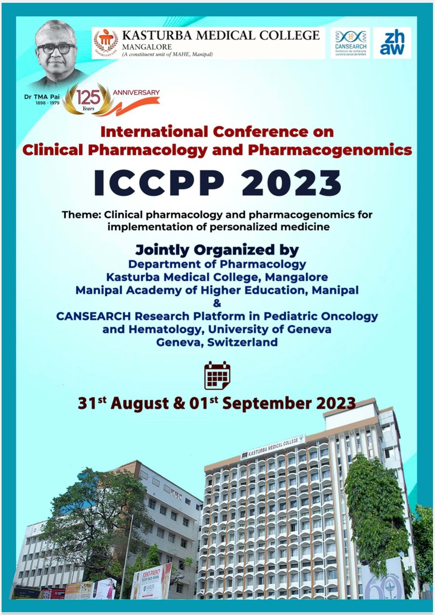 KMC_Mangalore's tweet photo. The Department of Pharmacology at KMC Mangalore is organising the International Conference on Clinical Pharmacology and Pharmacogenomics (ICCPP 2023) on August 31 and September 1, 2023.

For further details, log in to: https://t.co/onA07DsnY2

#phamacogenomics #conference #iccpp https://t.co/W3JYxENgJY