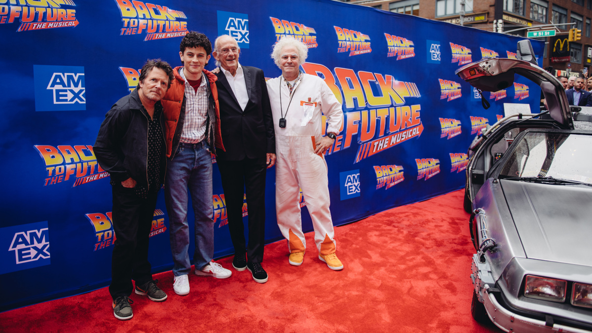 This is heavy! BACK TO THE FUTURE stars Michael J. Fox and Christopher Lloyd join Casey Likes and Roger Bart on the red carpet of the show’s gala performance, benefiting the Michael J. Fox Foundation for Parkinson’s Research. (Photo: Andy Henderson) 

broadway.com/shows/back-to-…