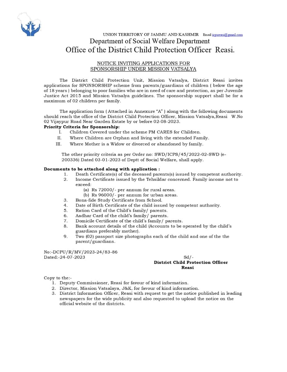 dioreasi1's tweet image. #SocialWelfareDepartment.

Notice Application For Sponsorship Under Mission Vatsalya
@DMReasi