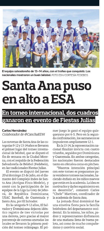 FedeBeis_SV's tweet photo. #TorneoInternacional⚾️🇸🇻 Compartimos la nota de @CanchaEDH https://t.co/QJUMqe6UEh