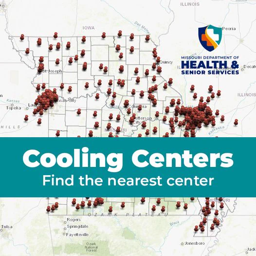 A map of Missouri with red map pins indicating where all of our cooling centers are located.