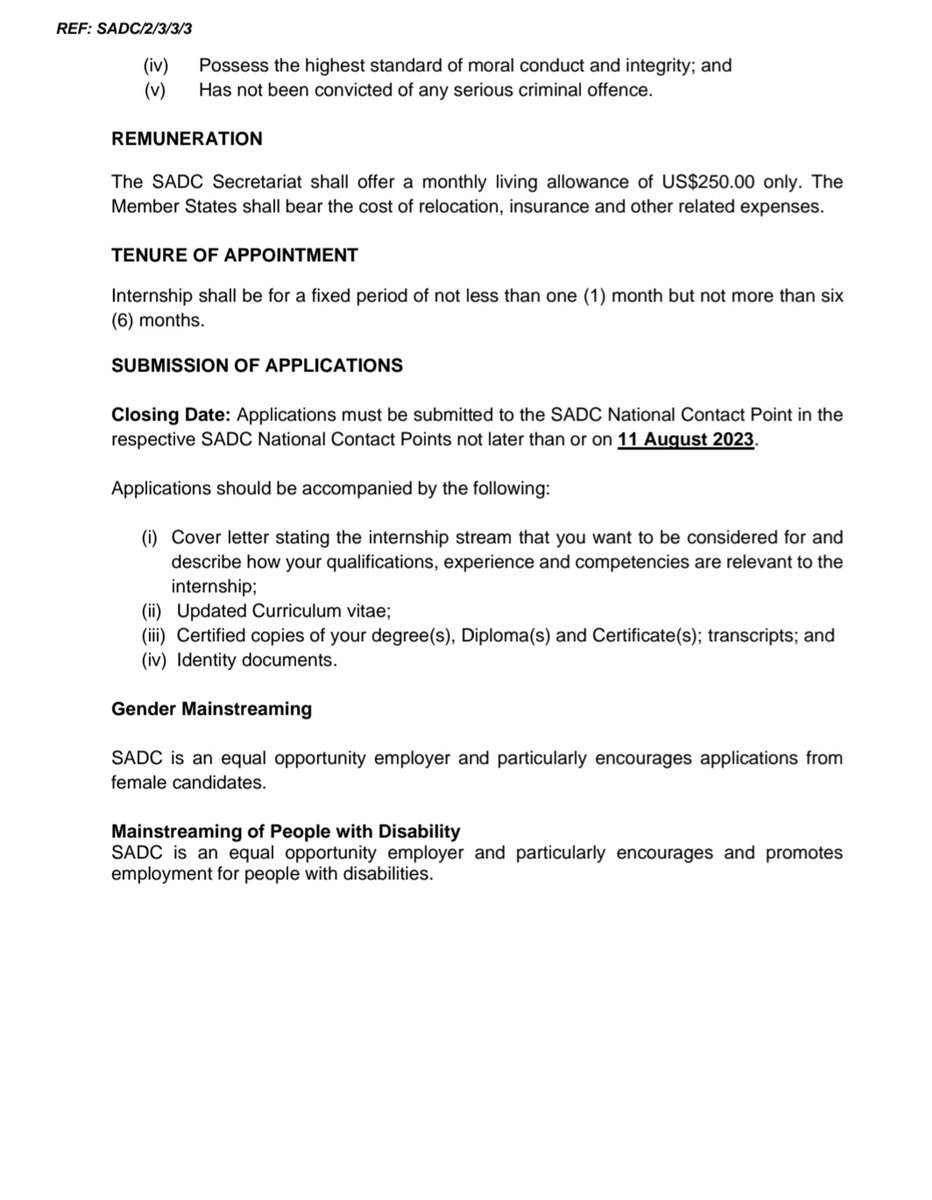 [Internship Alert]: SADC has launched its 2023 Internship Programme and is looking for 14 interns in 12 different fields. Send your applications with relevant documents to thabi247@hotmail.com or thobile_dlamini@yahoo.com, not later than 11 August 2023.