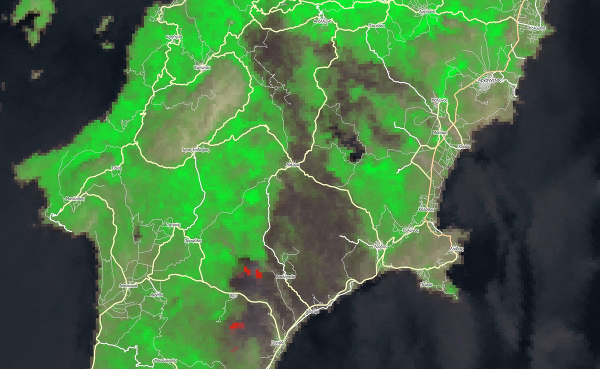 NikosVavlas's tweet photo. Use of #Sentinel3 OLCI (8,17) and SLSTR (5,6) bands to map the burned area and the active fires (26/7). I hope everything will be under control before the strong winds tomorrow! Πάμε δυνατά! #Ροδος #Ροδοςπυρκαγια #πυρκαγιές #φωτιες_2023   #wildfire https://t.co/2uLhYYlC6R