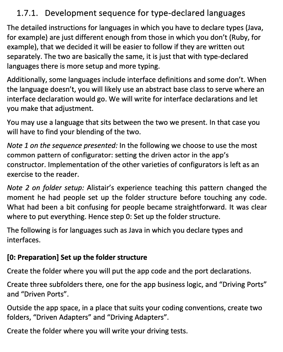 TotherAlistair's tweet photo. #HexagonalArchitecture - I just drafted  very detailed 1st steps to implement HA for type-declaring languages (Java, C++, etc). 
Looking for a few ppl to test them out and find the mistakes. (of course there are). 
Ideally, a couple of different languages to find the misfit
Thx! https://t.co/cSHh6Tgmlz