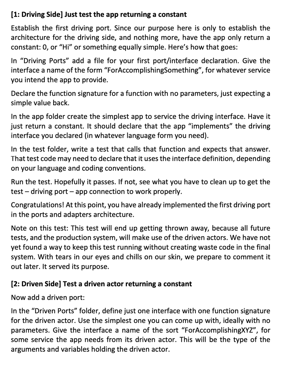 TotherAlistair's tweet photo. #HexagonalArchitecture - I just drafted  very detailed 1st steps to implement HA for type-declaring languages (Java, C++, etc). 
Looking for a few ppl to test them out and find the mistakes. (of course there are). 
Ideally, a couple of different languages to find the misfit
Thx! https://t.co/cSHh6Tgmlz