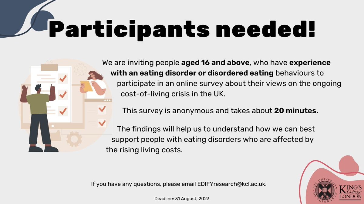 Help us learn about the impact of the cost of living crisis on people with eating disorders. Short survey for anyone with lived experience of eating disorders or disordered eating in the UK. RTs welcome. 🙂qualtrics.kcl.ac.uk/jfe/form/SV_6f… @beatED @BeatED_Scotland @EatingResearch