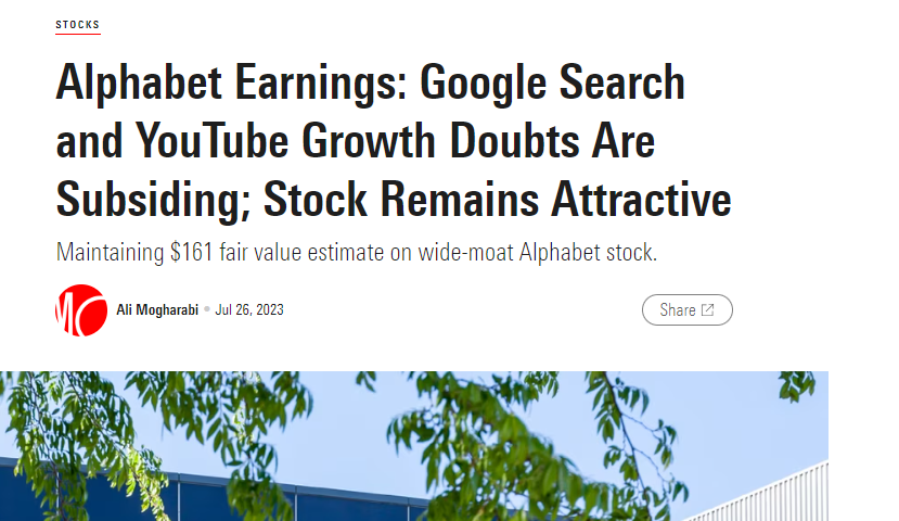 $GOOGL attractive, in our view,.
Maintained $161 FVE after Q2 results.
Search growth accelerated &amp; displays Google network effect moat source despite $MSFT and OpenAI threat.
YouTube ad rev returned to growth
Cloud growth impressive and profitable again
morningstar.com/stocks/alphabe…