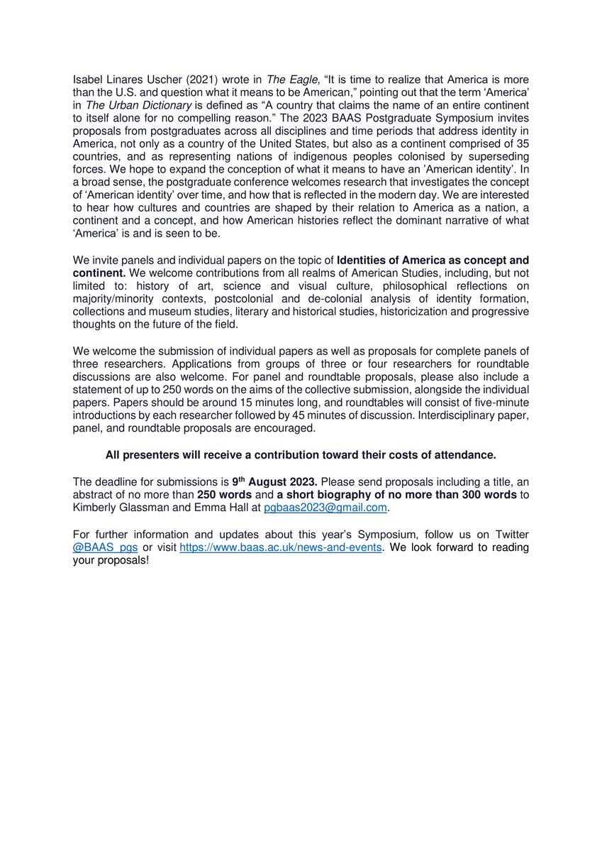 📚CFP 2023 @BAAS_pgs Symposium
🌎'Identities of America as Concept and Continent'
🗓️16th November, @RAIOxford @OfficialBAAS 
🖊️Apply by: 9 August 2023, pgbaas2023@gmail.com

Please share widely with your networks! @Kew_LAA @QMULsed @QMUL_DC @UniofOxford @bacscanadauk