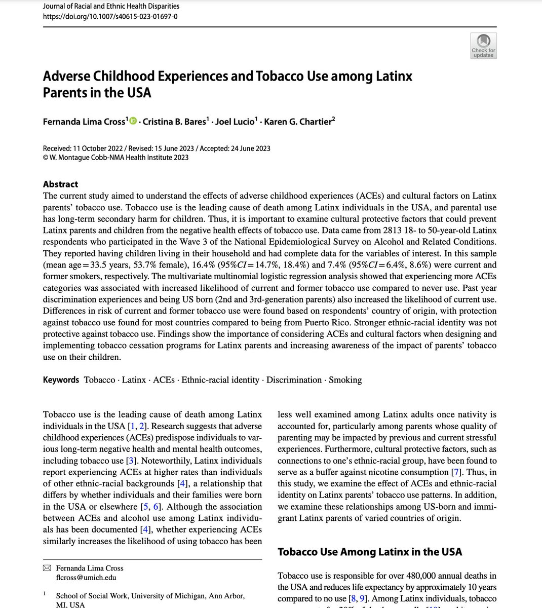 FernandaLCross's tweet photo. Bittersweet to share this paper: "In memory of Dr. Cristina Bares for her body of research on child and adolescent behavioral health, her impact on the field of social work in the area of genetics research, and her important contributions to this article" https://t.co/LgXAtw1DF4 https://t.co/fvXEceOJG3
