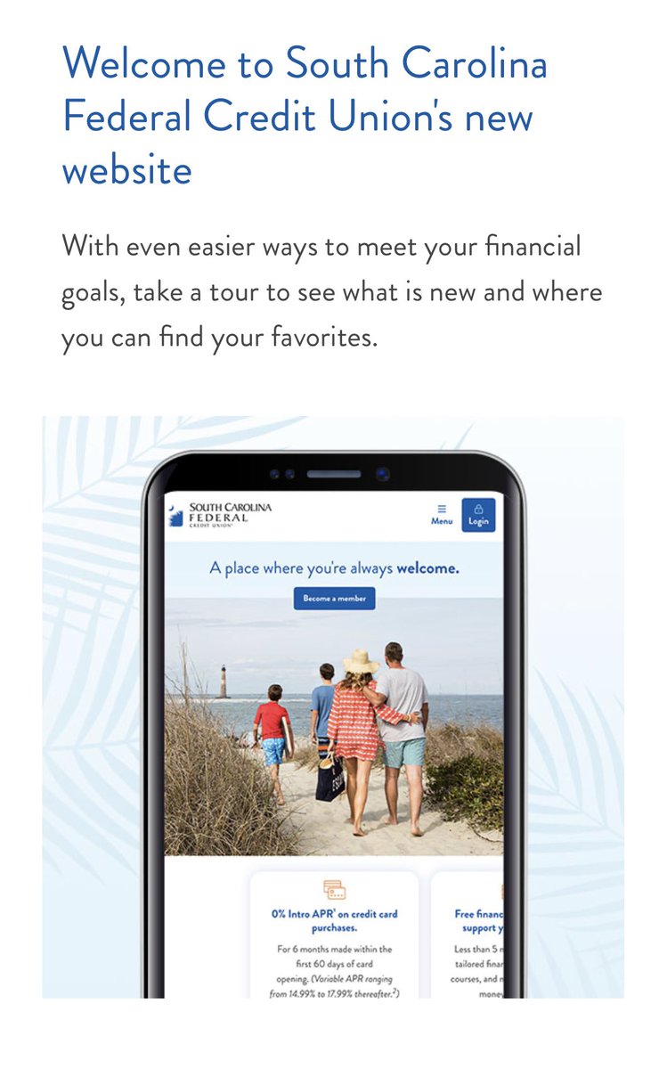 SCFederalCU's tweet image. Our new website is now LIVE!

The first time you visit the new website, a pop-up tour will appear to help you navigate the site. If you have any questions, stop by one of our financial centers, give us a call, or send us a DM on social media.

Visit scfederal.org today!