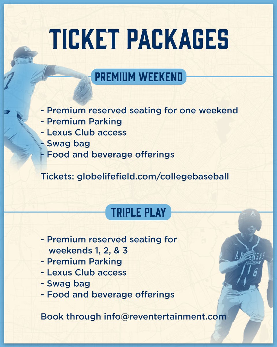 🚨PREMIUM TICKETS ON-SALE NOW 🚨 Premium tournament tickets for ALL 3 weekends are now on-sale. GA tickets will go on-sale later this fall. Portions of every ticket sold from all 3 weekends of #collegebaseball will benefit @shrinershosp 🎟️: l8r.it/TjOu