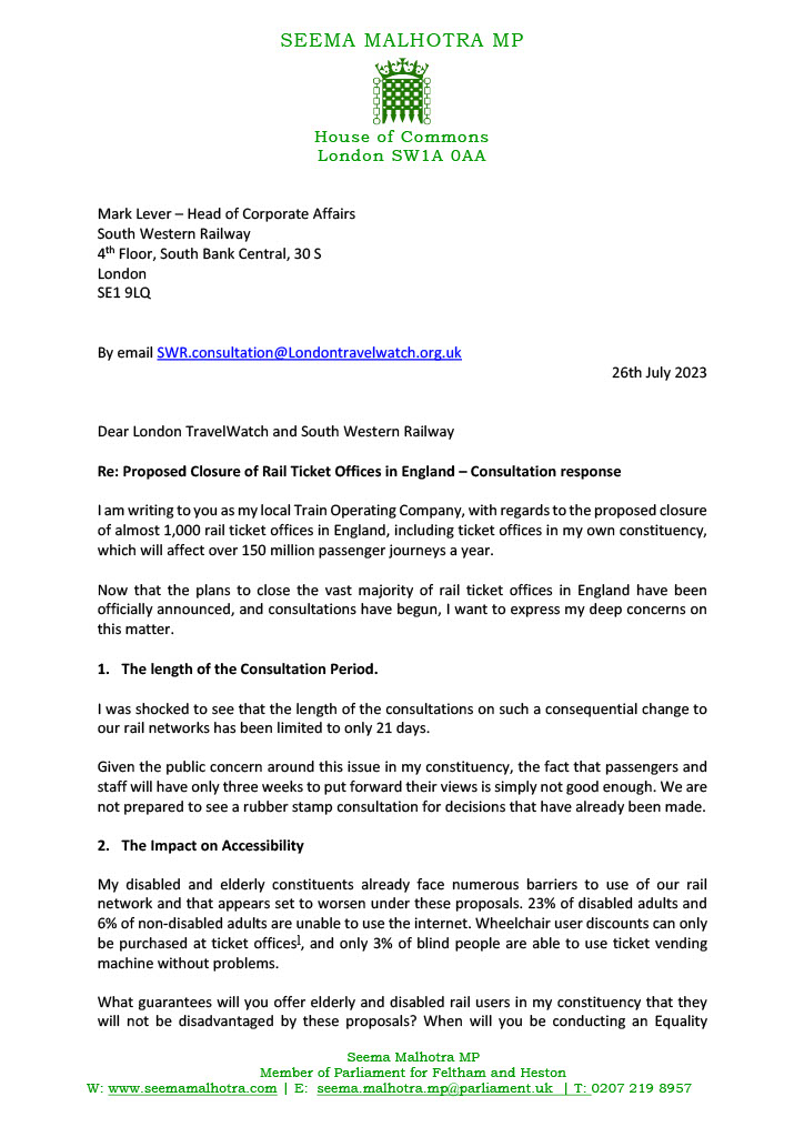 SeemaMalhotra1's tweet photo. Following discussions with residents, I've written to South Western Railway about their proposal to close Feltham Station's ticket office.

You can read my response below 👇🏽 https://t.co/SqMw8ilMAg