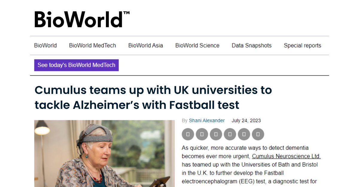 BioWorld interviewed our CSO & Co-Founder Brian Murphy, PhD for an article on Fastball EEG, a new diagnostic assessment for #Alzheimers dementia being developed with collaborators at Universities of Bath and Bristol. #CNS #endalz #science #research #NIHR