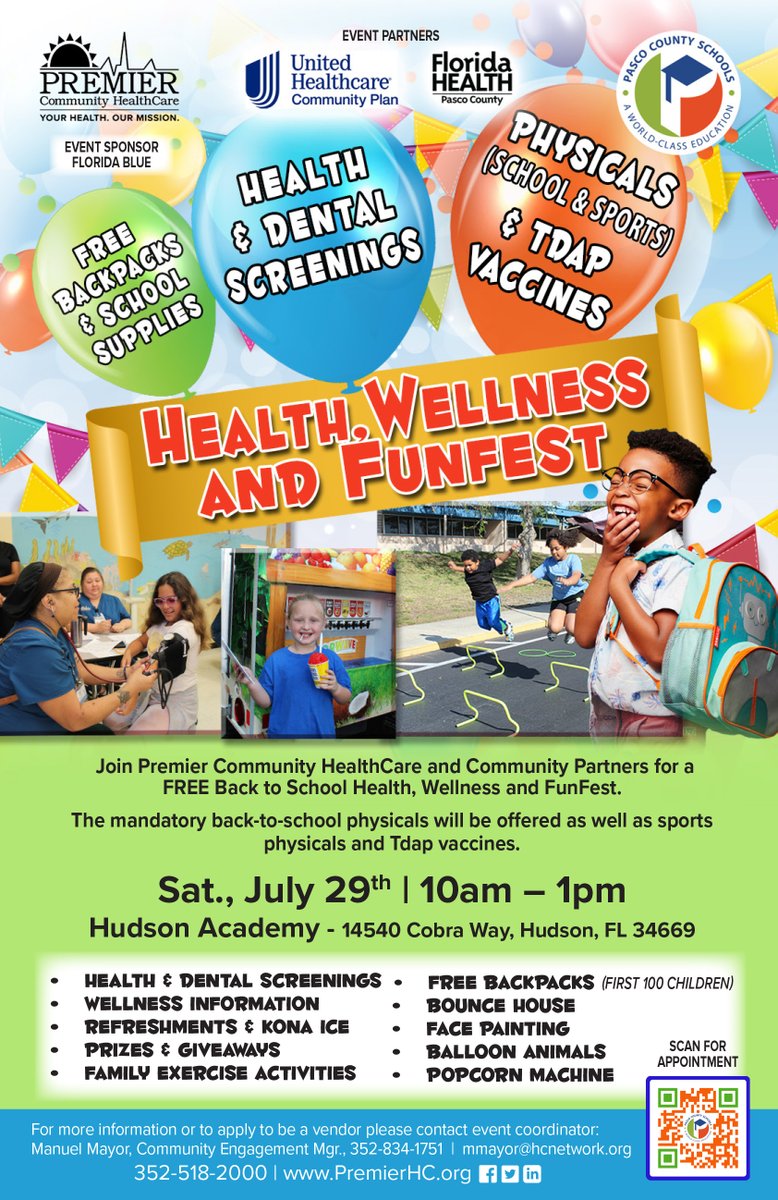 Angel Hernández III (@pascoinspired) on Twitter photo Join us for our Health, Wellness, and FunFest this Saturday 10am-1pm @ Hudson Academy. Come for free backpacks, back to school TDAP vaccines & sports physicals, Kona Ice, bounce houses & more. Thank U partners ~ Premier Community Healthcare, <a href="/HudsonAcademyFL/">Hudson Academy Cobras</a> <a href="/UHC/">UnitedHealthcare</a> <a href="/HealthyFla/">Florida Dept. of Health</a> Join us for our Health, Wellness, and FunFest this Saturday 10am-1pm @ Hudson Academy. Come for free backpacks, back to school TDAP vaccines & sports physicals, Kona Ice, bounce houses & more. Thank U partners ~ Premier Community Healthcare, <a href="/HudsonAcademyFL/">Hudson Academy Cobras</a> <a href="/UHC/">UnitedHealthcare</a> <a href="/HealthyFla/">Florida Dept. of Health</a>