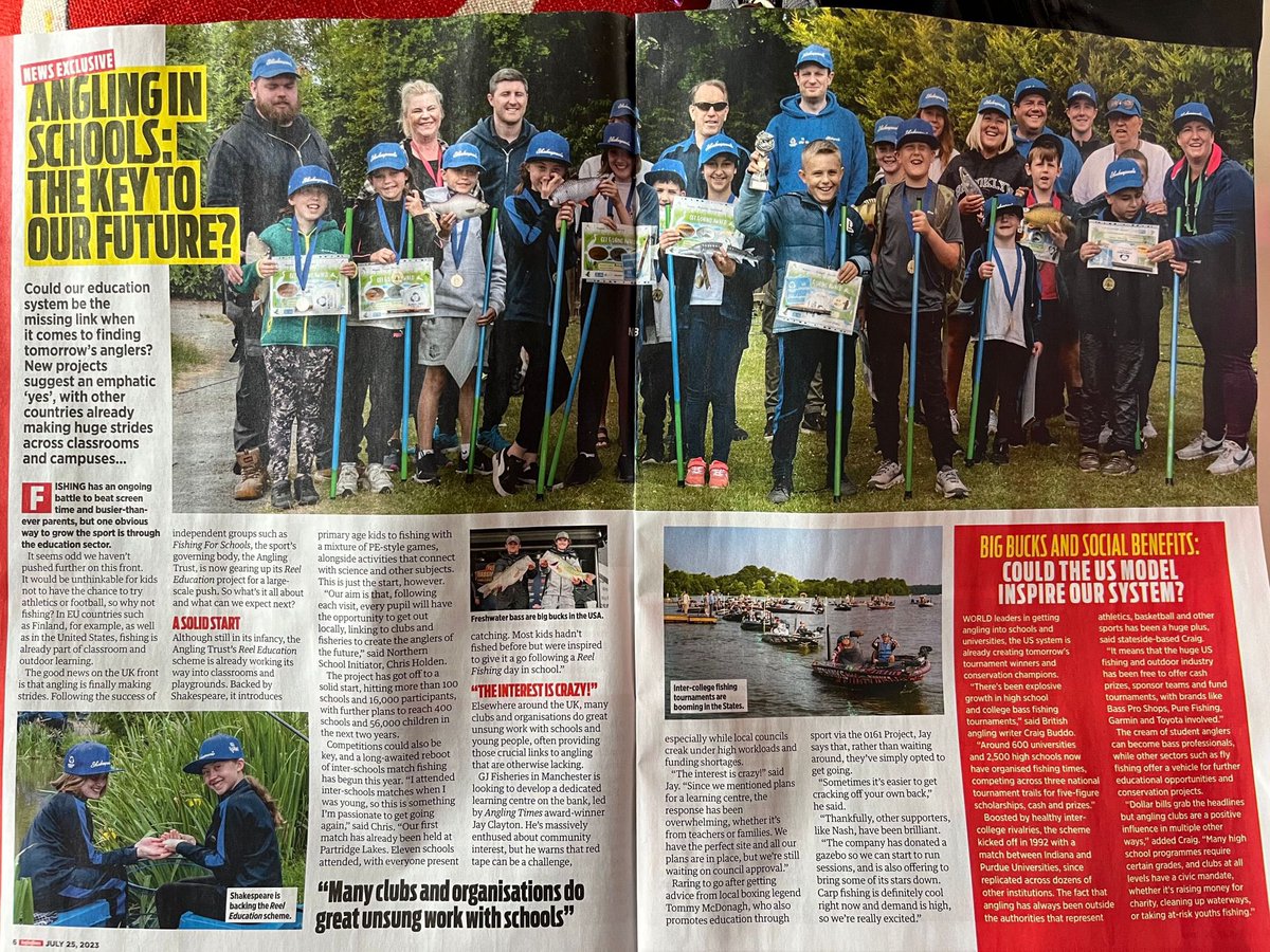 Our <a href="/ReelEducationUK/">ReelEducation</a> <a href="/AnglingTrust/">Angling Trust</a> fishing match made the headlines in the Anglingtimes magazine! Well done to our <a href="/mesne_lea/">Mesne Lea</a>  representatives David and Harry for taking part #teamwork Thanks to <a href="/funsport4kidz/">Funsport4kidz Sports Coaching</a> for inviting us and to <a href="/PartridgeLakes/">Partridge Lakes Fishery</a> for hosting 🎣