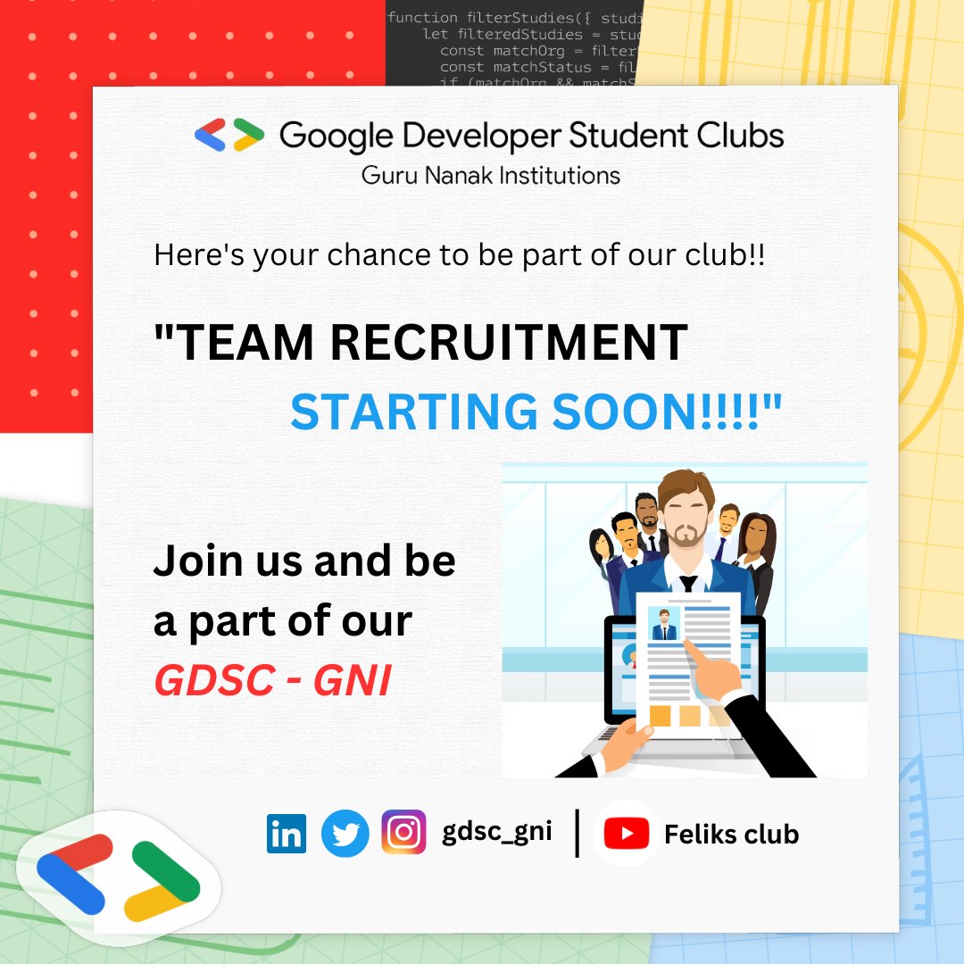gdsc_gni's tweet photo. Let's begin with a fresh start😄 
Join us and be part of GDSC GNI🤝
Get Readyyyyy
Team Recruitment starting soon 🤩
@googledevs
@gdg_hyd
@googlestudents

#gdsc #gdscindia #google #gdscgni #googleindia #developerstudentclubs #googledevs #dyk_gdsc_gni 
#gni #gurunanakinstitutions https://t.co/Zj9Px72wij