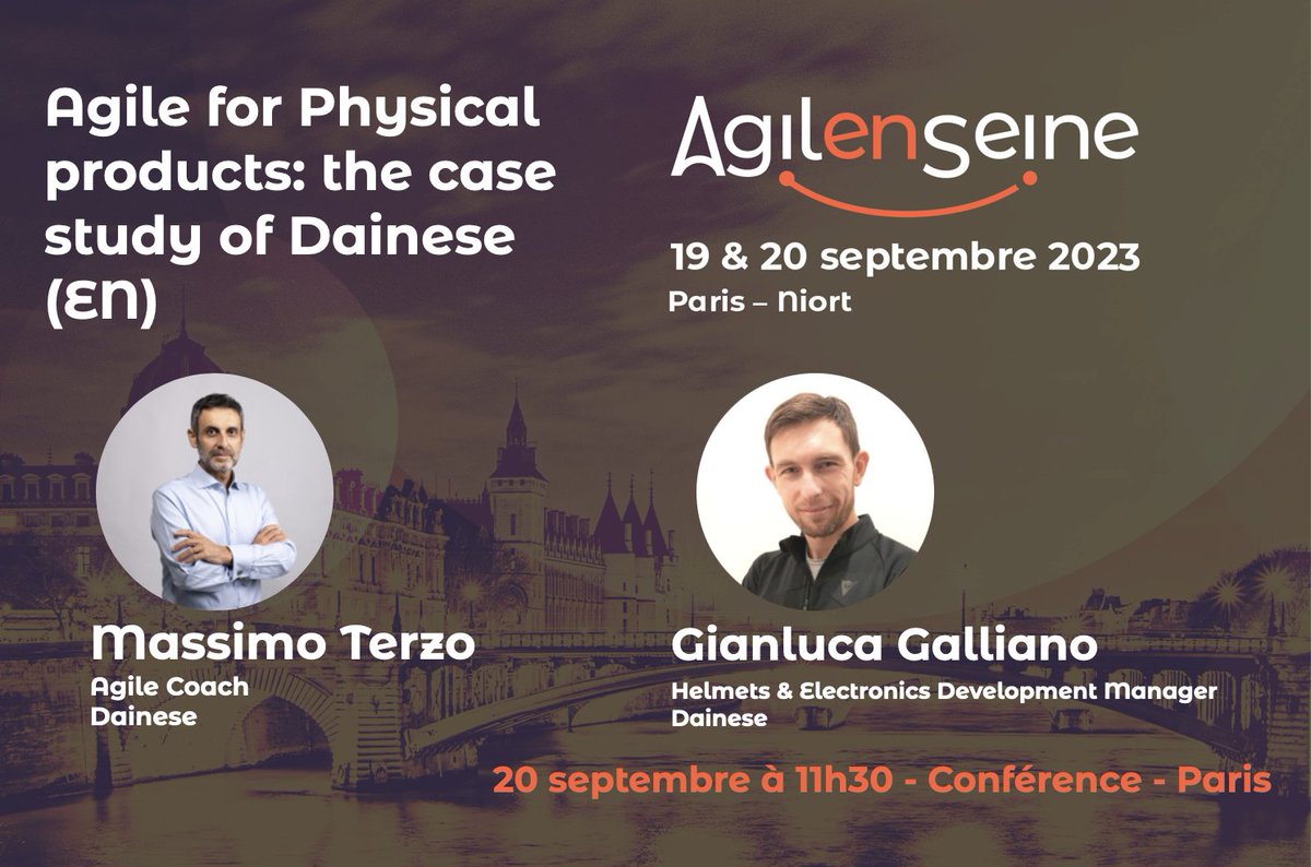 AgileEnSeine's tweet photo. @AgileEnSeine 23 - 19 & 20-09 - #Paris @NewCapEvent & #Niort @MAIF
"Agile for Physical products: the case study of @dainese (EN)" Massimo Terzo & Gianluca Galliano
#aes #agileenseine #product #rex #beyondIT https://t.co/QCfCG0yqv6