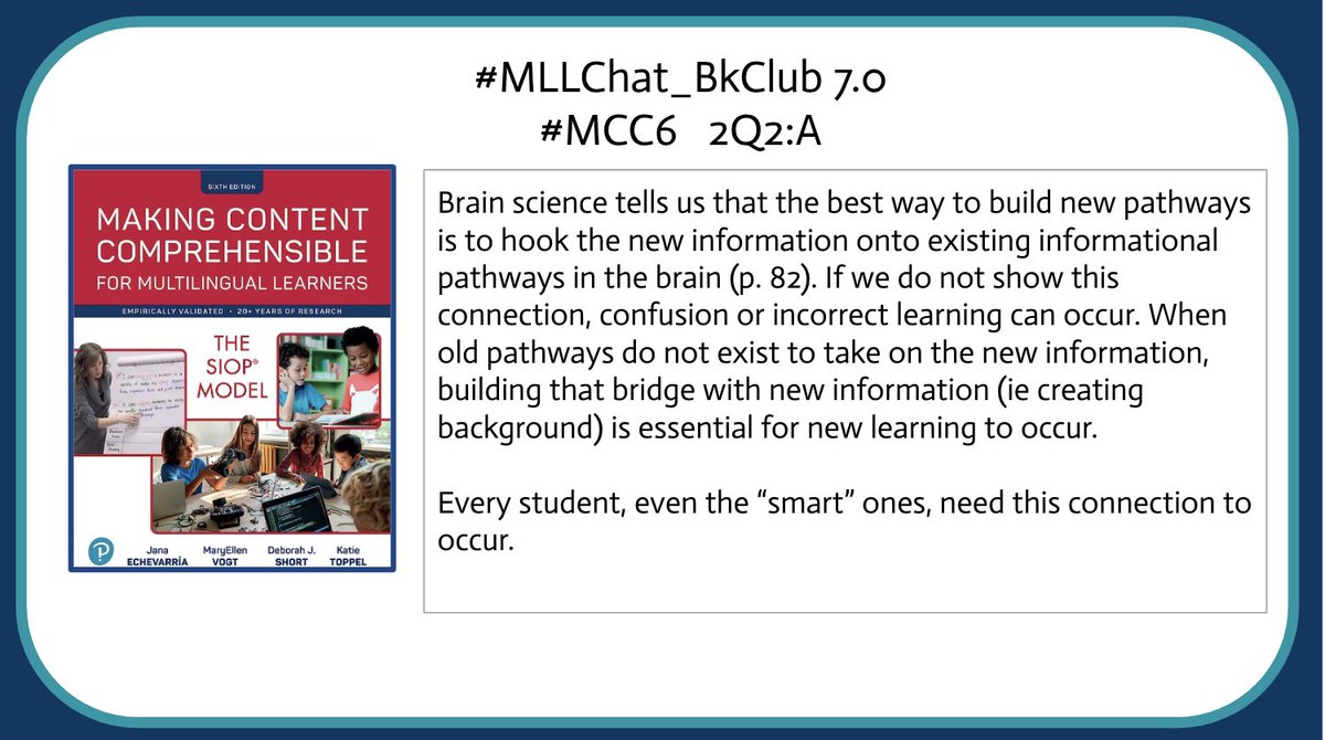 #MLLChat_BKClub 7.0 #MCC6 2A2:A
Brain science informs our need for activating or creating information for students to 'learn' the 'new' stuff.